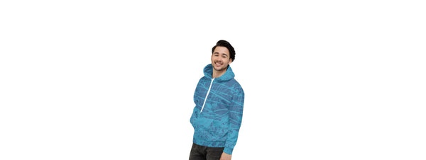 Bild eines jungen Mannes im bequemen hellblauen Kapuzenpullover