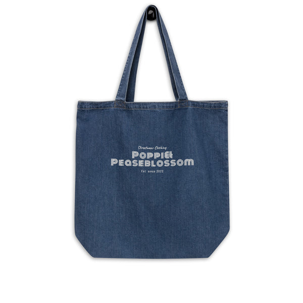 Blue Denim Tote Bag mit Logo Poppi & Peaseblossom hängend