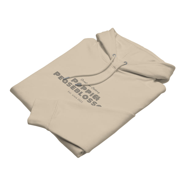 Kapuzenpullover mit Aufdruck Poppi& Streetwear in Farbe Sand, flach liegend, gefaltet, von vorne