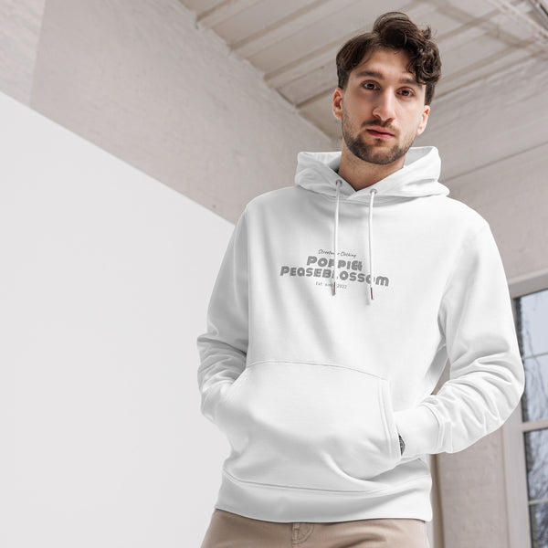 Mann von vorne im Kapuzenpullover mit Aufdruck Poppi& Streetwear in Farbe White