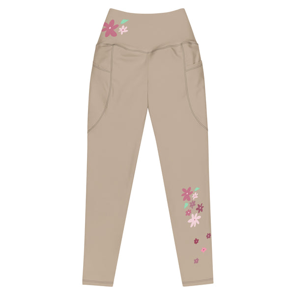 dehnbare Joga Leggings in Farbe Sand mit kunstvollem Blumen-Aufdruck, flach liegend