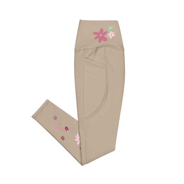 dehnbare Joga Leggings in Farbe Sand mit kunstvollem Blumen-Aufdruck, flach liegend, Bein gefaltet