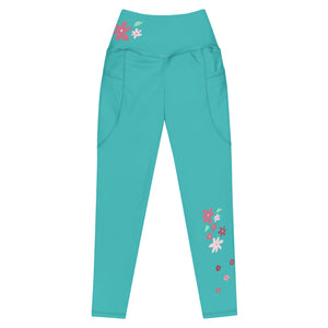 dehnbare Joga Leggings in Farbe Sky mit kunstvollem Blumen-Aufdruck, flach liegend