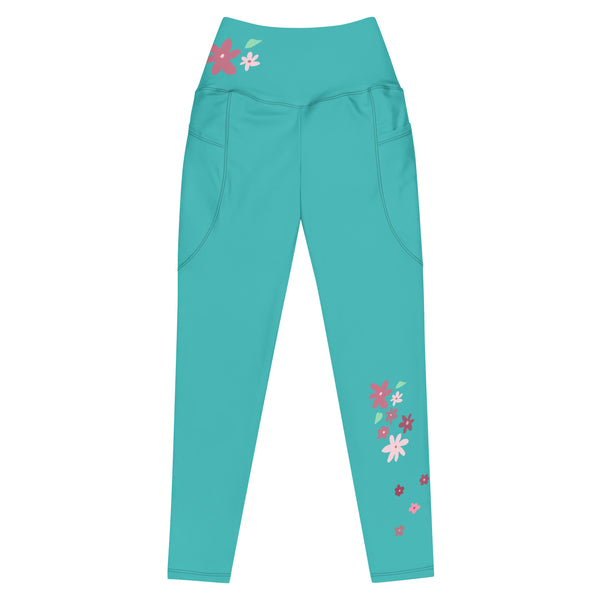 dehnbare Joga Leggings in Farbe Sky mit kunstvollem Blumen-Aufdruck, flach liegend