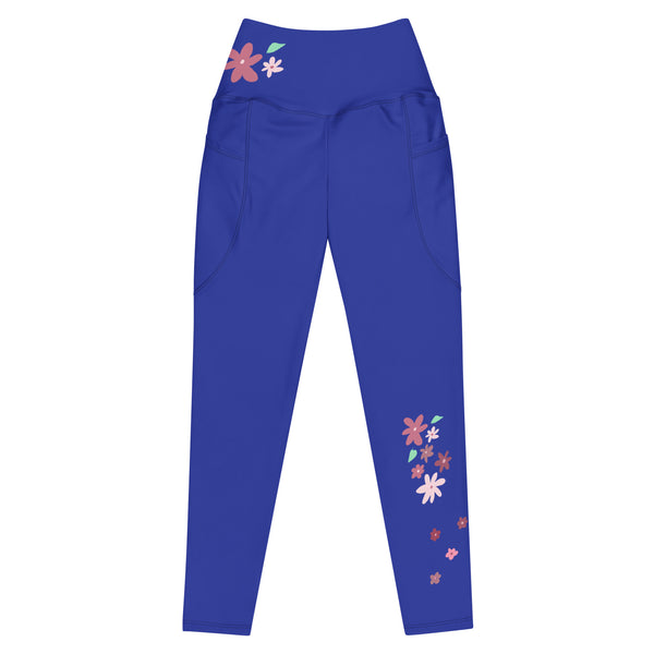 dehnbare Joga Leggings in Farbe Blau mit kunstvollem Blumen-Aufdruck, flach liegend