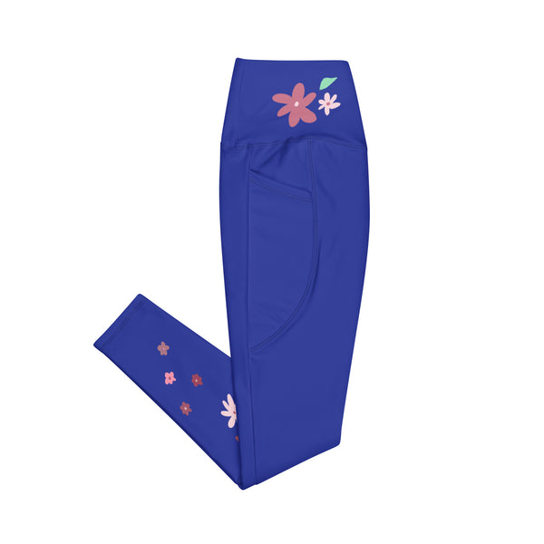 dehnbare Joga Leggings in Farbe Blau mit kunstvollem Blumen-Aufdruck, flach liegend, Bein gefaltet