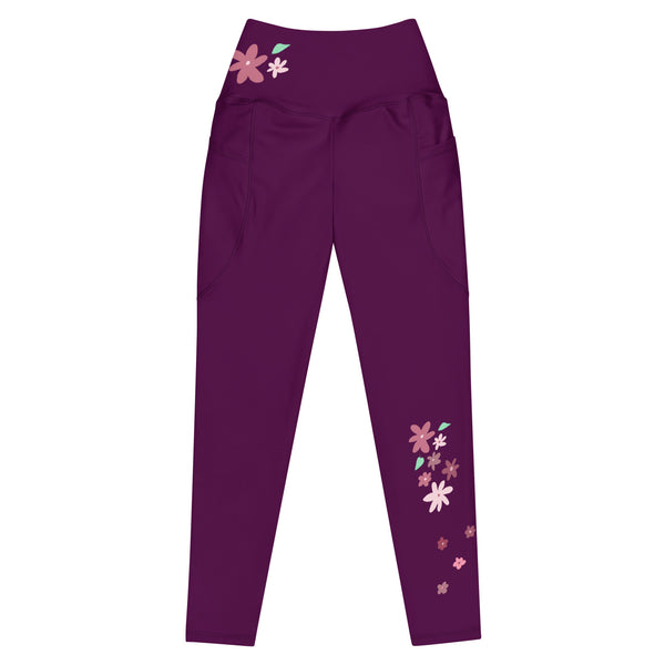 dehnbare Joga Leggings in Purple mit kunstvollem Blumen-Aufdruck, flach liegend