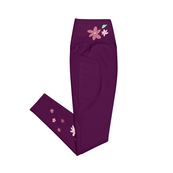 dehnbare Joga Leggings in Purple mit kunstvollem Blumen-Aufdruck, flach liegend, Bein gefaltet
