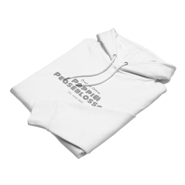 Kapuzenpullover mit Aufdruck Poppi& Streetwear in Farbe White, flach liegend, gefaltet, von vorne