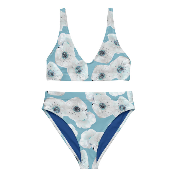 Hellblauer Bikini mit Kunstdruck flach von vorne