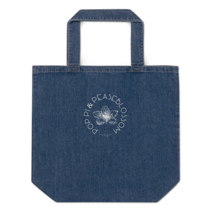  Blue Denim Tote Bag mit Logo Poppi & Peaseblossom, flach liegend, von vorne