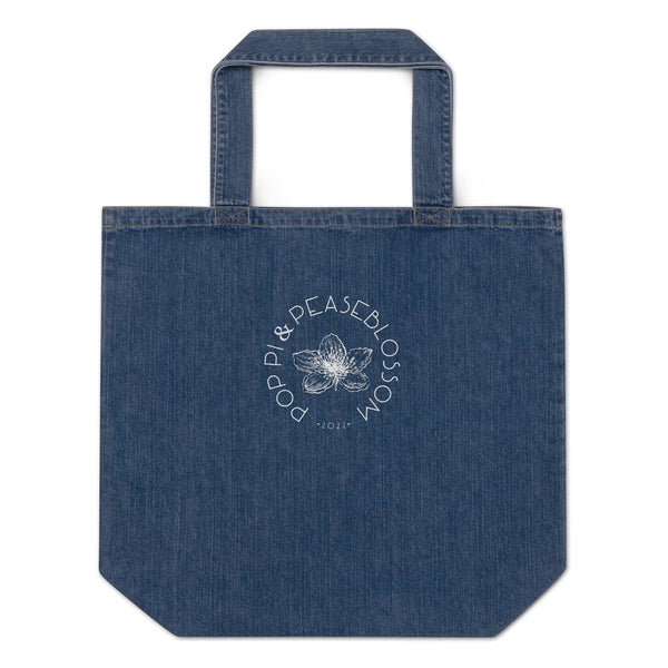  Blue Denim Tote Bag mit Logo Poppi & Peaseblossom, flach liegend, von vorne